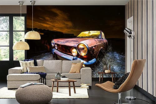Vlies Fototapete ALTES AUTO IM DUNKELN 375 x 250 cm (inkl. Kleister) - Vlies Tapete, Wandtapete, Wandbilder - Tapete für Wohnzimmer Schlafzimmer, Büro, Küche - Montagefertig