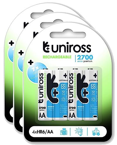 Uniross Pack of 3 x 4 Rechargeable Batteries AA/HR6 2700 NIMH HYBRIO, 1.2 V