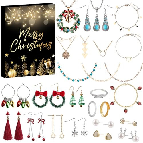 Kalolary Jewelry Advent Calender für Frauen, Weihnachtsmode -Armbänder, Halsketten, Ringe und Ohrringe, 24 Tage Urlaub Countdown Weihnachtsgeschenke für Frau, Mutter, Tochter und erwachsene Mädchen