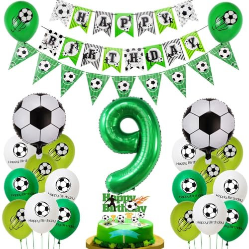 Fussball 9 Jahre Junge Geburtstag Deko, Luftballon 9. Geburtstag Grün, Fußball 9. Luftballon ,Fußball 9 Deko, 9. Tortendeko, Ballon 9. Junge