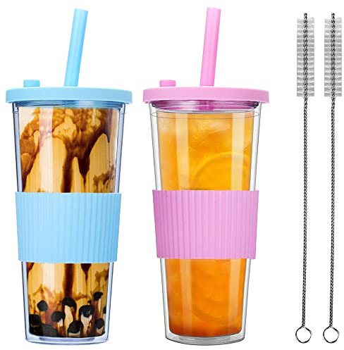 BEVKAF Paquete de 2 Tazas de té Boba Reutilizables, Vaso para Batidos de Doble Pared a Prueba de Fugas de 24 oz, Taza de café Helado, Pajita Ancha para té de Burbujas (Azul y Rosa)