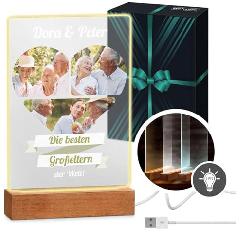 Maverton beleuchteter LED-Fotoaufsteller mit Echtholzsockel - personalisiertes LED-Acrylglas mit eigenem Foto für Paare - Glasbild zur Hochzeit zum Valentinstag - Größe: 15x24x4,5cm - Herz