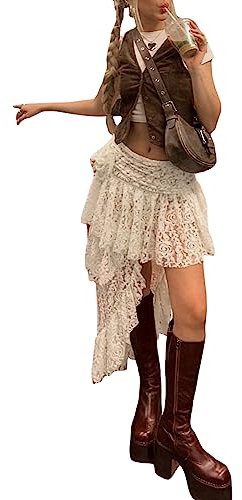 PDYLZWZY Jupes longues asymétriques pour femme, dentelle florale, volants, jupes plissées, d'été, dégradées, ourlet évasé, jupes de loisirs irrégulières, Creamy., M