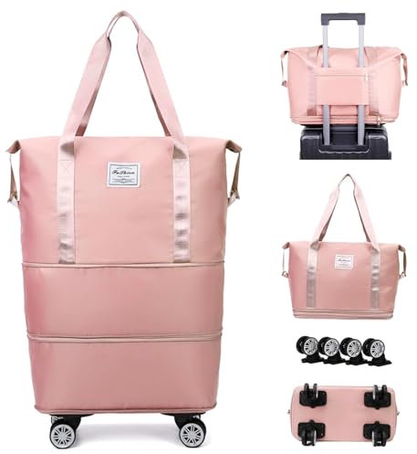 EHOTER Sac de voyage pliable extensible à roulettes avec roulettes amovibles pour homme et femme, rose