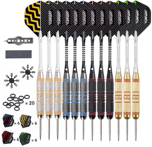 Turnart Dartpfeile Metallspitze -12 Stück 24 Gramm Profi Steel Darts Pfeile Dartpfeile Profi Dartpfeile Steel Set 12 Aluminium Schaft mit 24 Flights 20 Anti-Lose Gummiringe (Golden)