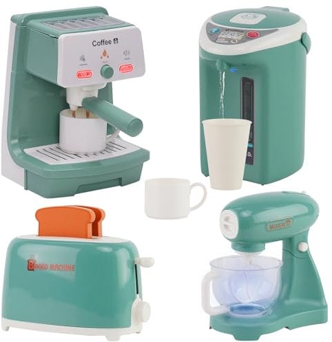 Pretend Play Kitchen Appliances Toy Set with Lights and Realistic Sounds Role Play Pretend Kitchen Accessories Set with Coffee Maker,Mixer,Toaster,Kettle Kids Coffee Machine Toy Set for Kids Ages 3+