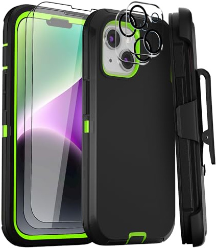 GYJ for iPhone 15 Plus Case and iPhone 14 Plus Case 6.7 Belt Clip Holster with 2 Screen Protector + 2 Camera Lens Protector, Heavy Duty Military Grade Phone Case Cover (Black Green+Clip)