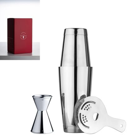 Derrison Cocktail Shaker Set: 18 and 28oz Weighted Boston Shaker Tins, Double Wall Jigger and Hawthorne Strainer, Heavy Duty Stainless Steel, Mirror Polished (Double Weighted)