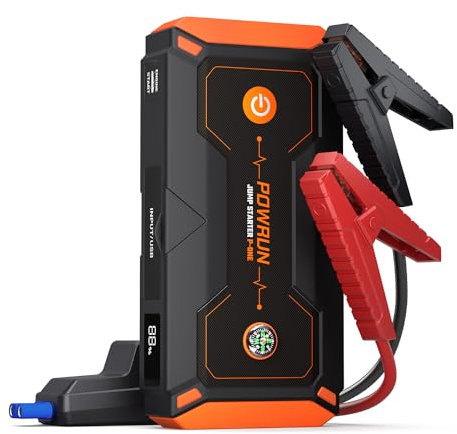 Powrun P-ONE Jump Starter Power Pack,2000A Peak Portable Car Jump Starter Power Bank(up to 8.0L Gas and 6.5L Diesel),12V Battery Jump Starter with LED Flashlight,Type-C Input,Carry Case (Orange)