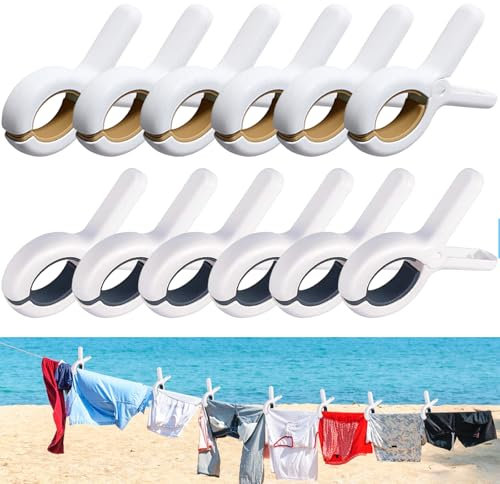 Towel Clips for Sun Loungers, 12 PCS Large Beach Towel Clips, Non-Slip Towel Pegs, Strong Grip Clothes Pegs for Sun Lounger Washing Line Laundry Pool Chairs Sunbeds(Blue/Yellow)