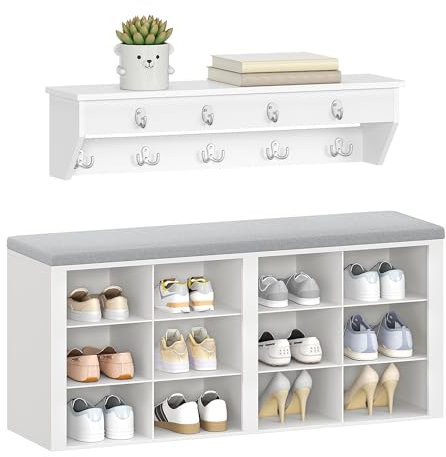 Hzuaneri Garderobe mit Sitzbank, Schuhbank mit Sitzfläche, Eingangsbank 30 x 104 x 49 cm, Wandgarderobe mit 9 Haken Kleiderhaken für Wohnzimmer, Schlafzimmer, Eingangsbereich, Weiß-Grau, HT24903GY