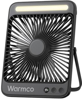 Warmco 20000mAh Tragbarer Campingventilator 27 cm mit LED-Licht, Ultra-Leise, Dünn, Digitalanzeige, Bis zu 48h Laufzeit für Outdoor, Reisen, Büro, Schlafzimmer