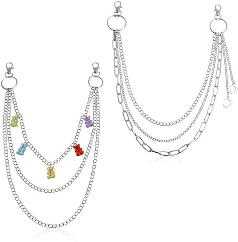 2 Stück Punk Hosenkette, Hip Hop Hosen Kette Gürtel Kette Goth Accessories Bauchkette Silber Gothic Portemonnaie Tasche Ketten Niet Gliederkette für Männer Frauen