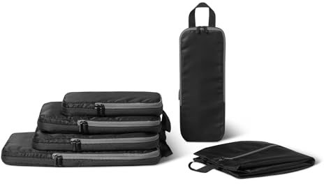 Amazon Essentials Packwürfel Kompression, Ultraleichte Organizer mit Reißverschluss, Recyceltes rPET, 6er-Pack, Schwarz, für Reisen