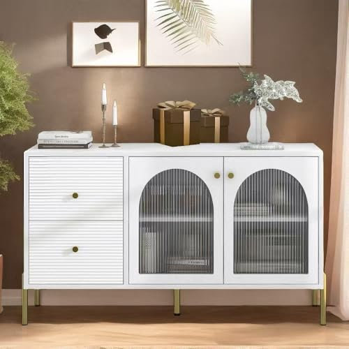 120 cm L, amplio aparador de cocina con 2 puertas de cristal, 2 cajones, diseño artístico blanco y dorado aparador con estantes ajustables y placa de mármol, mueble de TV de madera