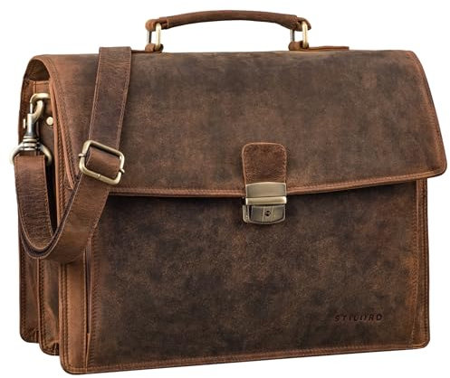 STILORD 'Noel' Aktentasche Leder Herren Vintage groß klassische Arbeitstasche Bürotasche Umhängetasche Dokumententasche mit Laptopfach 13,3 Zoll und Trolleyschlaufe, Farbe:kreta - braun