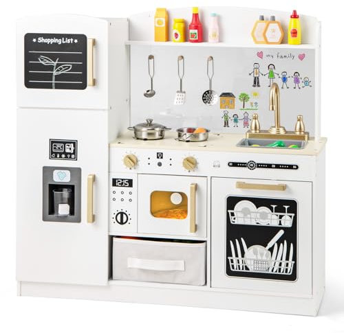 COSTWAY Kids Wooden Kitchen, Pretend Play Kitchen with Chalkboard, Ice Maker, Sink, Fabric Drawer, Dishwasher & Accessories, Children Cooking Role Playset for 3+ Years Old Boys Girls (White)