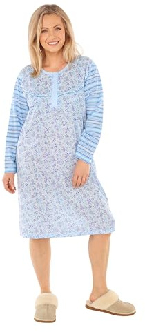 Schuerzenfabrik - Chemise de nuit à manches courtes pour femme, bleue, rose, violet, orange avec boutonnière, Chemise de nuit à manches longues rayée bleue, 3XL