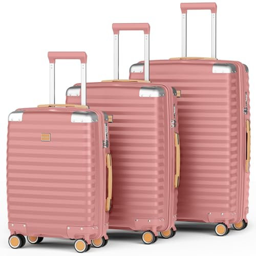 Joyway Kofferset 3 Teilig Hartschale Leicht PP Reisekoffer von Haltbar Trolley Handgepäck Sets mit TSA Schloss und 4 Rollen Roségold