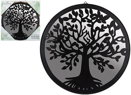 PMS Hanging Garden Mirror Tree of Life Design – Round Outdoor Wall Mirror with Metal & PVC Frame – Decorative Nature-Inspired Garden Feature for Fence, Patio & Balcony