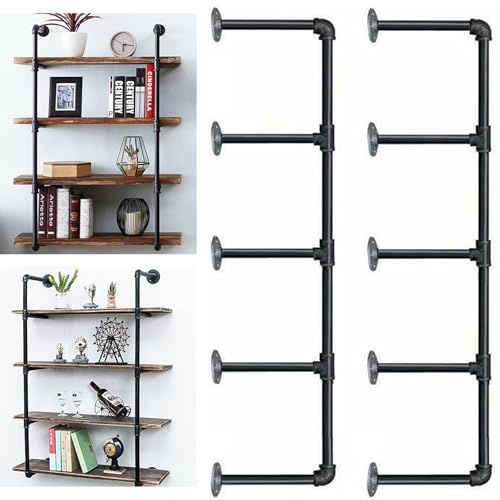 5 Tier Steampunk Pipe Floating Shelves For Living Room, Office, Bathroom | Industrial Wall Mounted, Open Metal Bookcase, Vintage Storage Rack