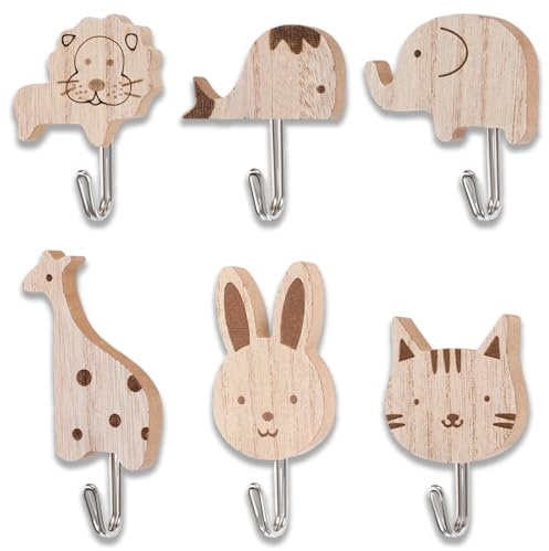 ZesNxj 6 Stück Kindergarderobe aus Holz, Kleiderhaken Kinder im Tierdesign, Selbstklebende Garderobe Kinder für Wand & Tür, Bunte Garderobenhaken Kinder für Kinderzimmer Deko, Schlafzimmer, Dekor