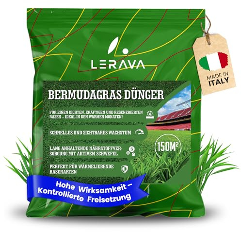 LERAVA Fertilizante para Gramigna Grama (4,6 kg) - abono para césped denso y verde - regenerante para céspedes macrotérmicos - granulado nitrogenado con azufre para un pasto resistente
