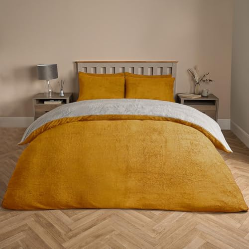 Brentfords Reversible Teddy Fleece Duvet Set, Super Soft Cosy Warm Thermal Winter King Duvet Cover Set Plain Dye Fluffy King Size Teddy Bear Bedding with Pillowcases, Ochre/Grey