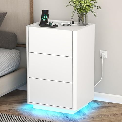 YOSHOOT Nachttisch mit LED 3 Schubladen, Beistelltisch mit Steckdose, Moderner Nachttisch für Wohnzimmer, Schlafzimmer, Arbeitszimmer,39.8×35×65cm (Weiß)
