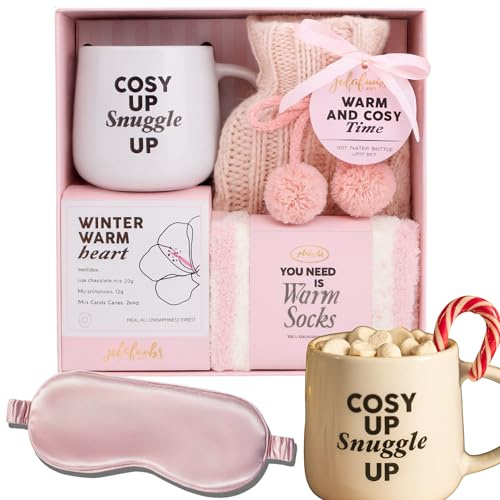 Hot Water Bottle Gift Set – Pink Hot Chocolate Gift Box with Mug, Knitted Cosy, Eye Mask,Marshmallows & Candy Canes | Choose Merry Christmas, Birthday or Lovely Card | Gifts for Women & Men