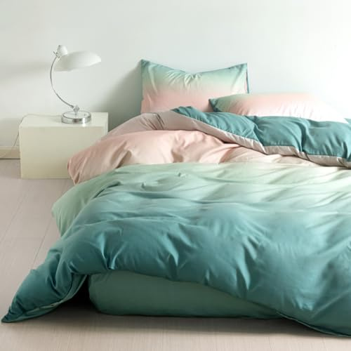 Soifox Bettwäsche 200x200 3 teilig Mikrofaser Grün-Pink Farbverlauf | Weiche Mikrofaser mit Reißverschluss & Eckbändern, 60°C Maschinenwaschbar für Milbenschutz, Schnelltrocknend & Bügelfrei