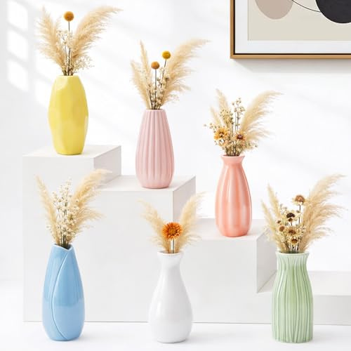 6er Keramik Vase, Kleine Vasen Set, 6 Formen&Farben Blumenvase Modern,Glänzende Glasur Minivasen, Boho Pampasgras Kleine Deko Vase für Tischdeko, Flower, Trockenblumen, Home Decor（12cm）
