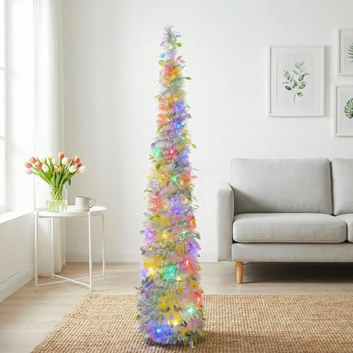 Pop-Up-Lametta-Baum in Pastelltönen mit 5 m bunten LED-Lichtern, bodenstehend, Dekoration für Ostern, Partys und Feiern (Colorful)