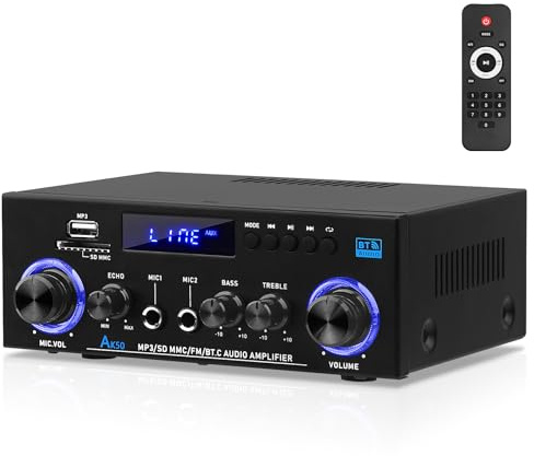 Audio Amplifier Receivers AK50 800W 2 Channel HiFi Amplifier LCD Display | Bluetooth Amplifier 5.0, USB/SD/AUX/FM Mini Power Theater Audio Components Speakers Amp wiim amp ultra