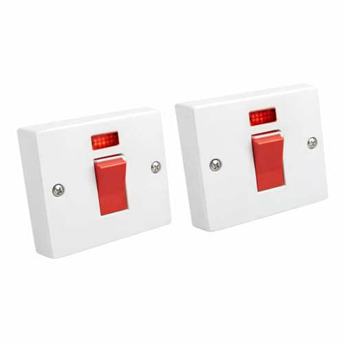 Pack of 2 x 45A Double Pole Cooker Switch with Neon Indicator – Heavy Duty Wall Mounted Isolator – White