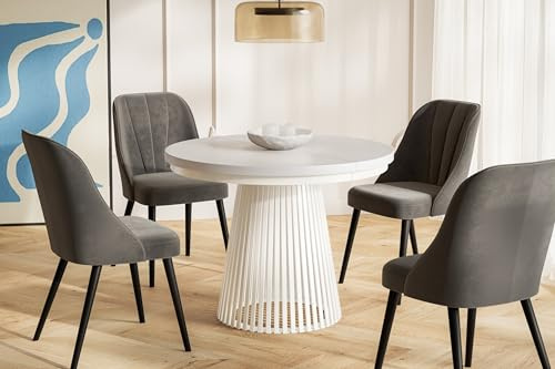 AlpiMeble Runder Esstisch Ausziehbar - Moderner Wohnzimmertisch und Küchentisch - Tisch mit Stabile Metallbeine - Durchmesser 100 cm - Weiß - Kollektion Nero