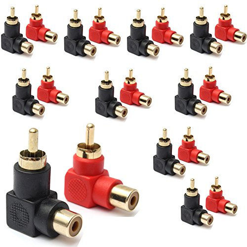 RCA-Stecker auf Cinch-Buchse, rechtwinkliger Stecker-Adapter, M/F, 90 Grad Winkel, vergoldet (10 Schwarz + 10 Rot) (20 Stück)