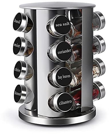 DOUBLE 2 C Revolving Countertop Spice Rack Stainless Steel Seasoning Storage Organization,Spice Carousel Tower for Kitchen Set of 16 Jars (16Jars)