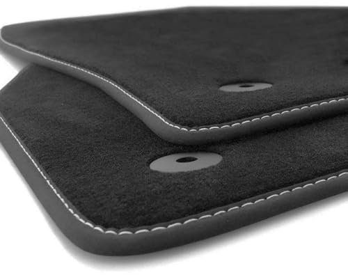 Fußmatten passgenau für VW Caddy III + IV (2003-2022) Premium Velours Automatten Schwarz 2-teilig Ziernaht Weiß, Autoteppich Vorne Matten