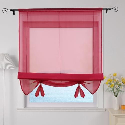 ESLIR Raffrollo Wohnzimmer Raffgardine Tunnelzug Gardinen Küche Transparent Bändchenrollo Vorhänge Modern Voile Rot BxH 120x155cm 1 Stück