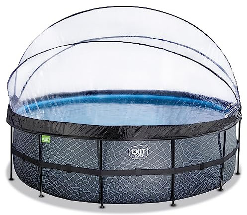 EXIT Toys Stone Pool mit Abdeckung - ø450x122cm - Großer, Runder Rahmenpool mit Sandfilterpumpe, Wärmepumpe und Poolleiter - Extra tiefer Pool - Für Sauberes und Warmes Poolwasser - Grau