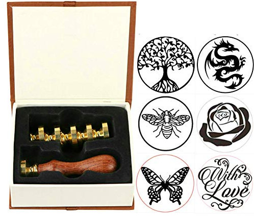 Anbose Ensemble de Cachet de Cire d'Abeille - Motif Papillon, Dragon, Rose, Arbre - Kit Comprenant 6 Tampons à Cacheter en Cuivre + 1 Hache en Bois