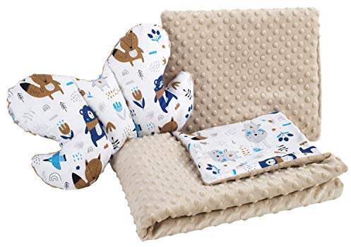 Medi Partners Babydecke Krabbeldecke Set 3in1 100% Baumwolle Minky Kinderdecke 55x75 + 35x30cm flaches Kissen und Anti-Schock-Kissen Schmetterling (Boho Animals mit beige Minky)