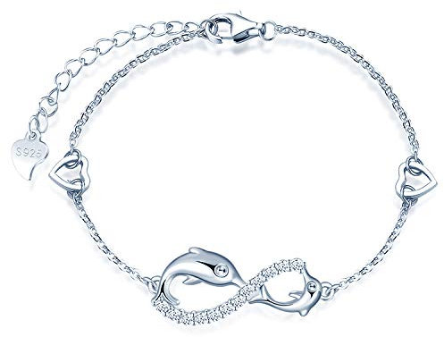 MicLee Damen Einfach Armband Zirkonia 925 Sterling Silber Allergenfrei Delphin Unendlichkeit Zeichen Zwei Herzen Armreif Armkette mit Geschenkbeutel Super Geschenk für Mutter Freundin