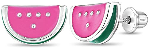 Orecchini a vite in argento Sterling 925 con smalto fucsia e anguria, frutta e ragazze, con chiusura a vite, per bambini, ragazze e pre-adolescenti, metallo