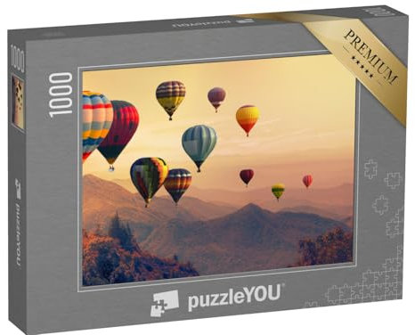 puzzleYOU: Puzzle 1000 Teile „Heißluftballon über hohem Berg bei Sonnenuntergang“ – aus der Puzzle-Kollektion Ballon, Heißluftballons, Himmel & Jahreszeiten