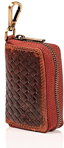 MATADOR Mini Pochette Rangement Sac pour Clef en Cuir Véritable | Etui à Clé avec Femeture Éclair YKK en Métal et Mousqueton | Porte Clés Protection Organiseur avec Boîte Cadeau Elegant Tressé Marron