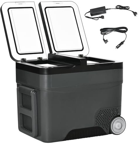 Outsunny Nevera Compresor Portátil 45L Nevera Portátil Eléctrica para Coche Congelador CC 12V/24V hasta -22℃ con Pantalla LED Táctil Asa Retráctil Ruedas para Camping Viajes 63,2x42x50,8 cm Negro