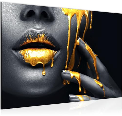 Runa Art Bild Lippen Gold Schwarz Modern Wandbilder Wohnzimmer Schlafzimmer 1 Teilig - Made In Germany - Kosmetik Fashion Frau Flur 041515a