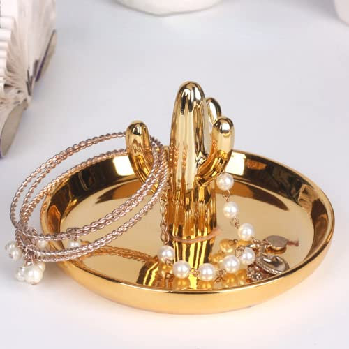 Arawat Schlüsselschale Flur Schmuck Schale Schlüsselablage Ø 13 cm Keramik Schmucktabletts Dekoschale Deko Tablett Ablageschale Teller Porzellan Schmuckständer (Goldener Teller Kaktus)